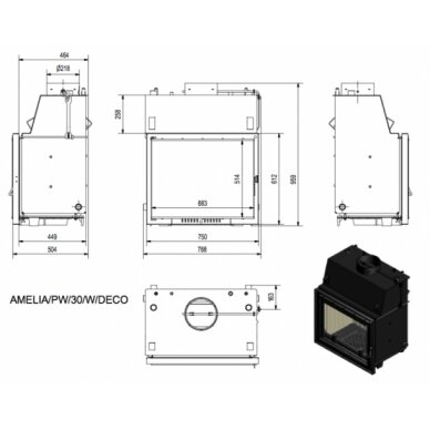 Kamīns Kratki Amelia PW 30kW DECO, ar dzesēšanas sistēmu 3